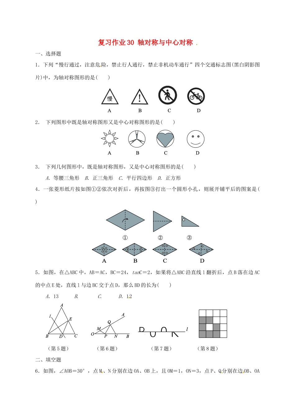 九年级数学下学期复习作业30 轴对称与中心对称试卷_第1页
