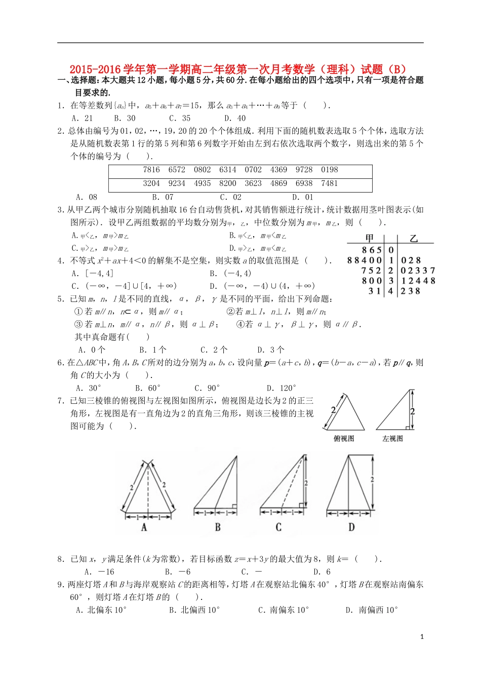 高二数学上学期第一次月考试题B 理-人教版高二全册数学试题_第1页