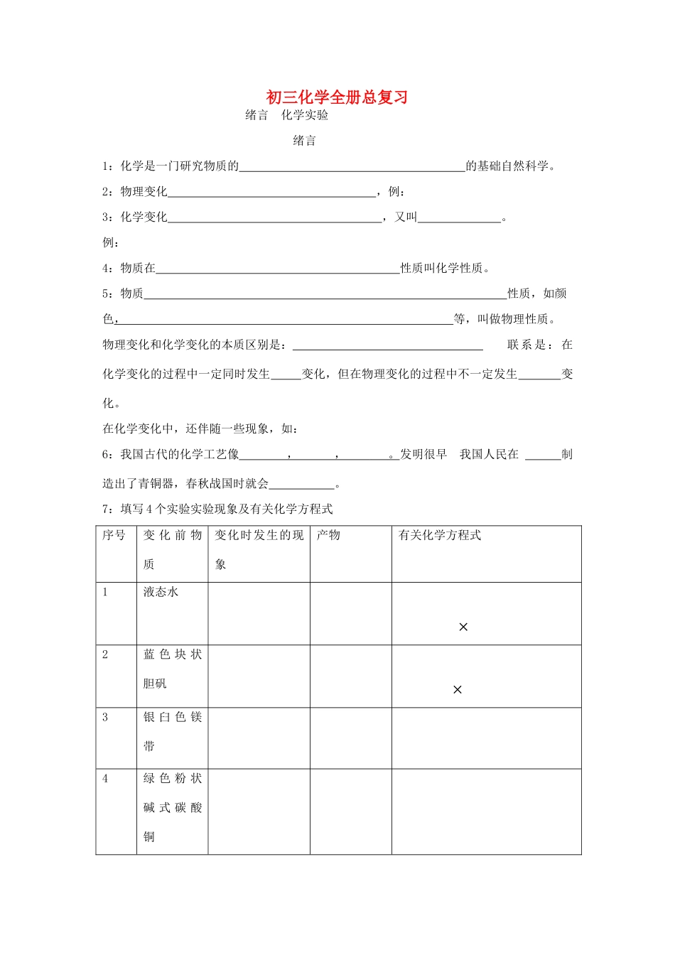 九年级化学全册总复习提纲 粤教版试卷_第1页