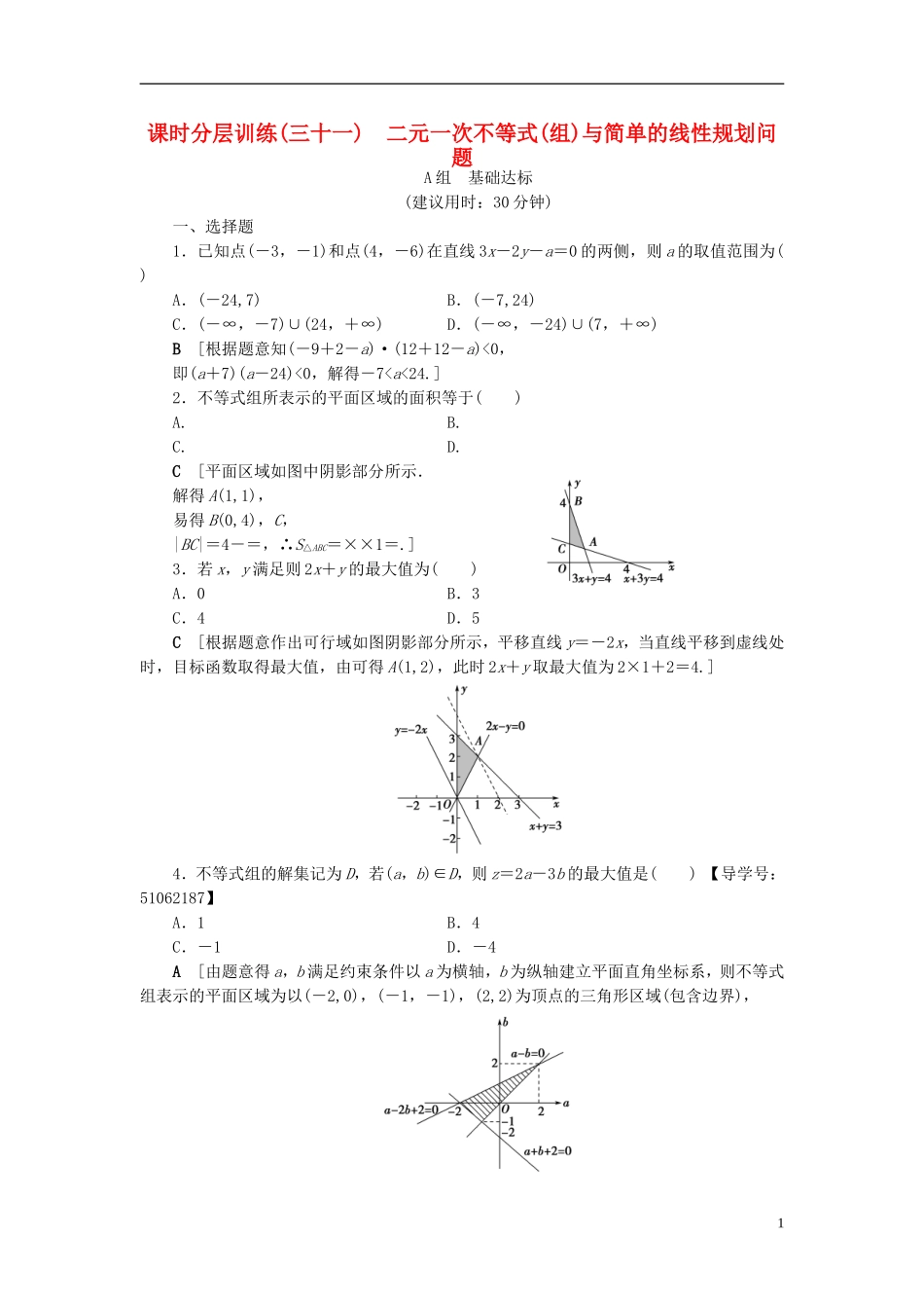 （浙江专版）高考数学一轮复习 第6章 不等式及其证明 第2节 二元一次不等式(组)与简单的线性规划问题课时分层训练-人教版高三全册数学试题_第1页