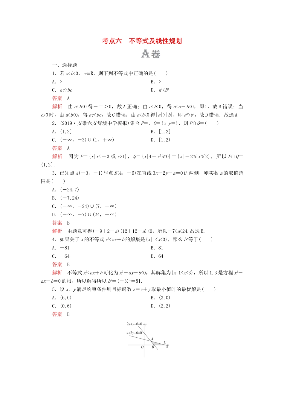 高考数学大二轮复习 刷题首选卷 第一部分 刷考点 考点六 不等式及线性规划 理-人教版高三全册数学试题_第1页