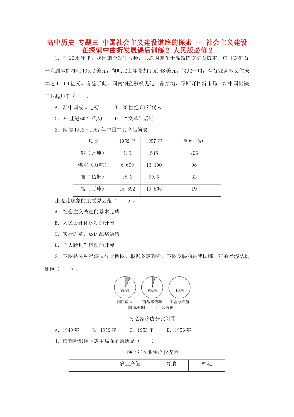 高中历史 专题三 中国社会主义建设道路的探索 一 社会主义建设在探索中曲折发展课后训练2 人民版必修2-人民版高一必修2历史试题_第1页