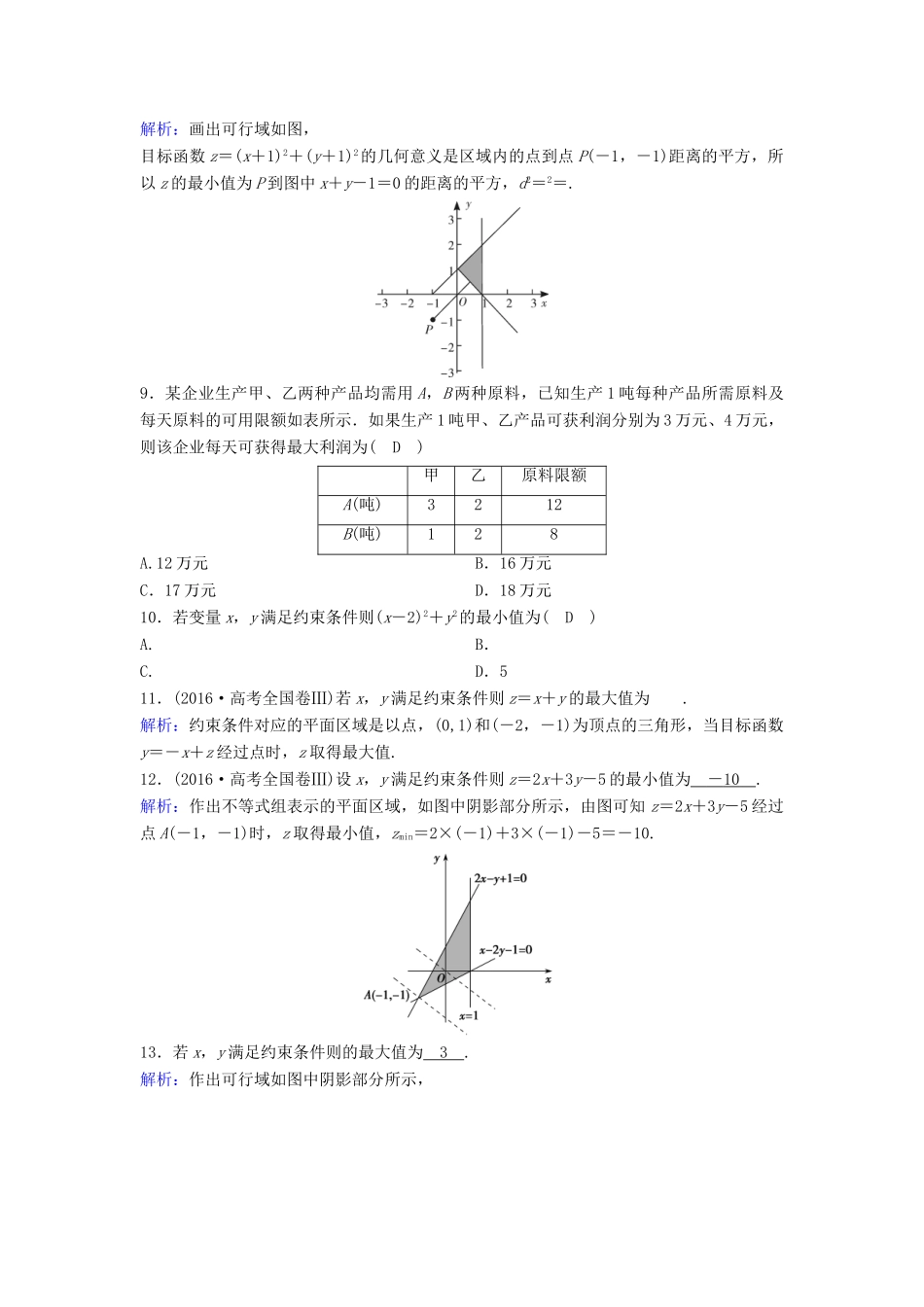 （新课标）高考数学一轮总复习 第六章 不等式、推理与证明 6-2 二元一次不等式（组）与简单的线性规划问题课时规范练 理（含解析）新人教A版-新人教A版高三全册数学试题_第2页