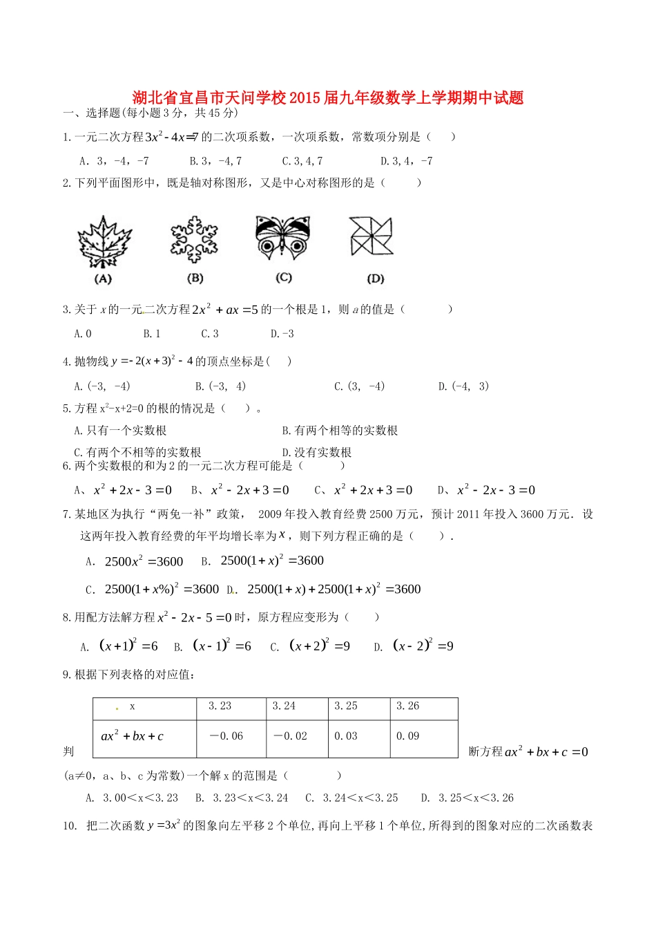 九年级数学上学期期中试卷(无答案) 新人教版试卷(00002)_第1页