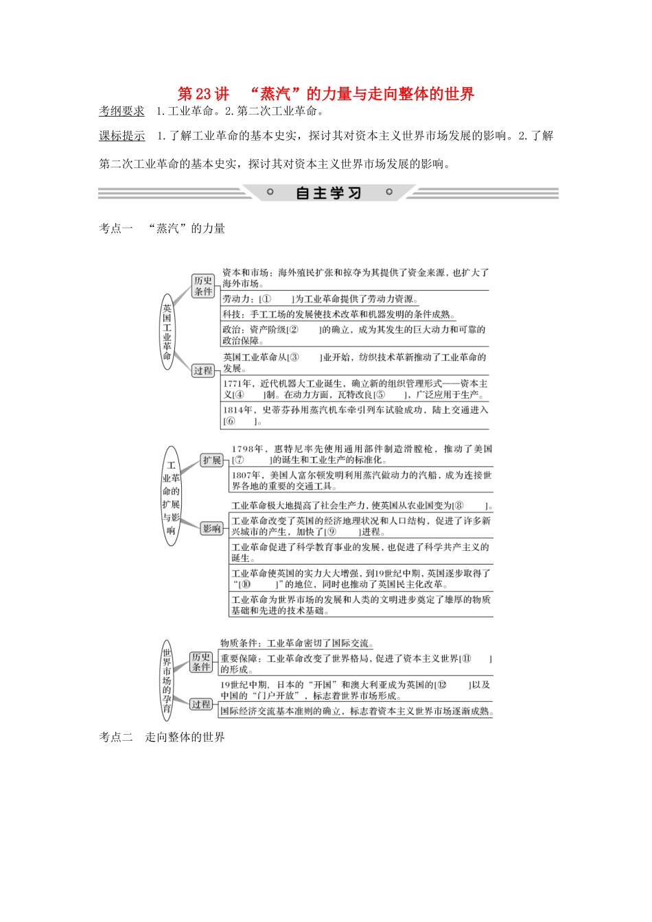 高考历史总复习 专题九 走向世界的资本主义市场 第23讲 “蒸汽”的力量与走向整体的世界教师用书 人民版-人民版高三全册历史试题_第1页