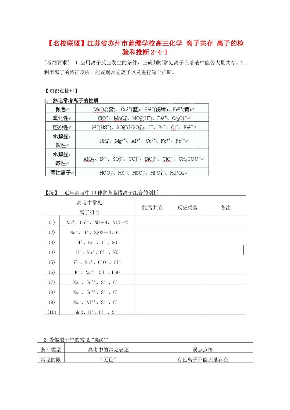 【名校联盟】江苏省苏州市蓝缨学校高三化学 离子共存 离子的检验和推断2-4-1_第1页