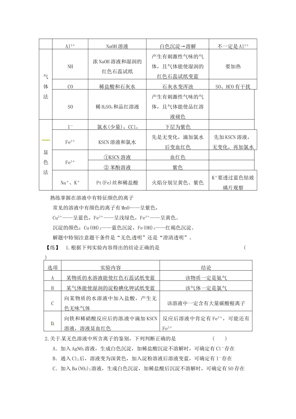【名校联盟】江苏省苏州市蓝缨学校高三化学 离子共存 离子的检验和推断2-4-1_第3页