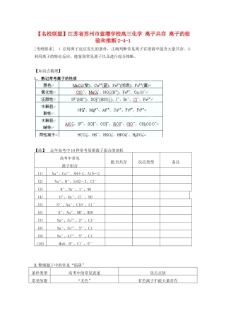 【名校联盟】江苏省苏州市蓝缨学校高三化学 离子共存 离子的检验和推断2-4-1