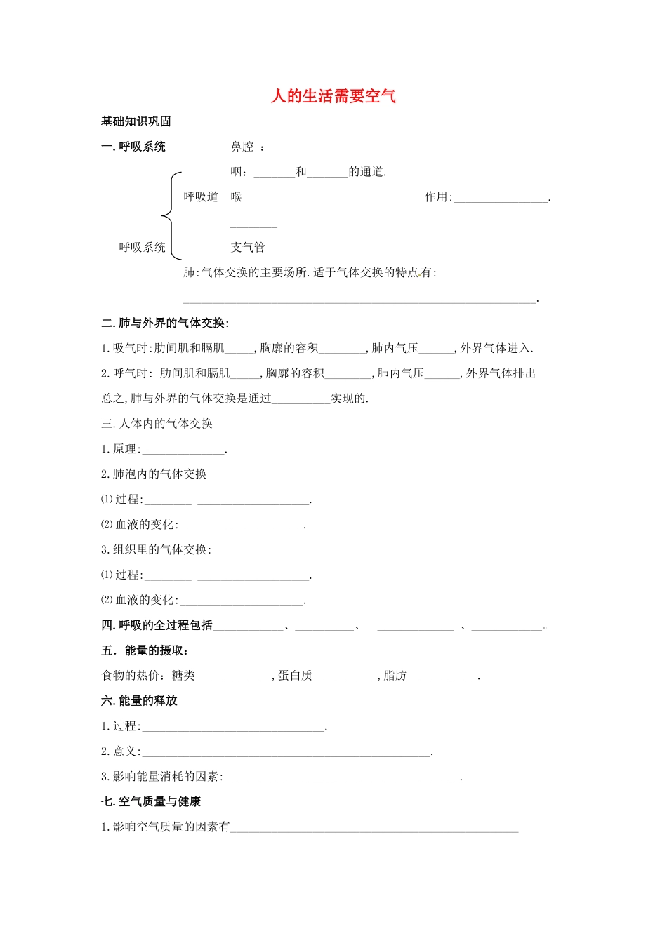 中考生物一轮复习 人的生活需要空气 济南版试卷_第1页