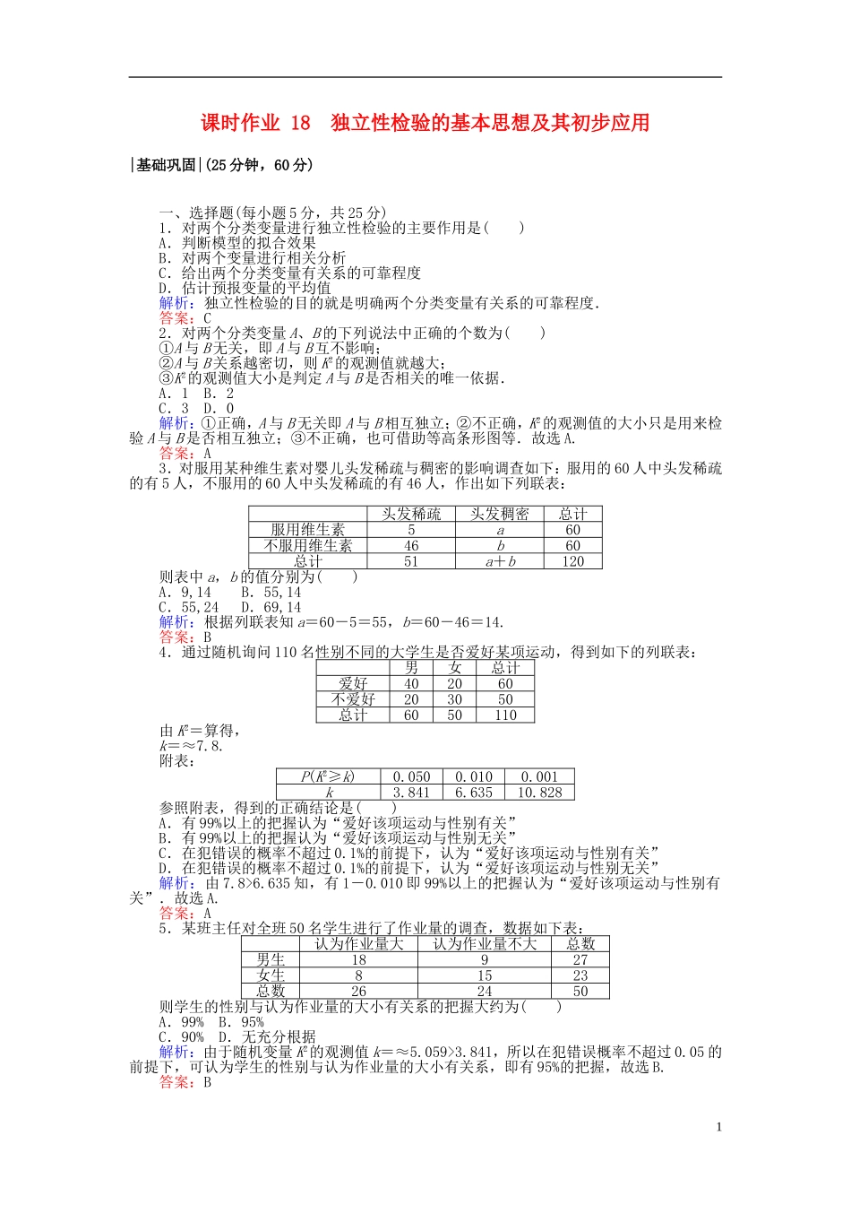 高中数学 第三章 统计案例 课时作业18 回归分析的基本思想及其初步应用 新人教A版选修2-3-新人教A版高二选修2-3数学试题_第1页