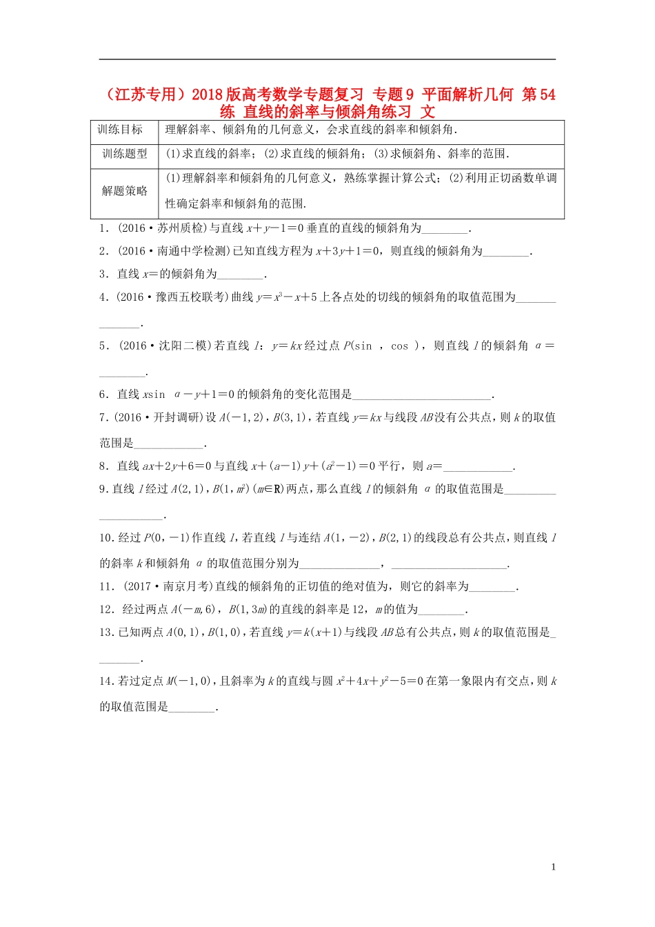 （江苏专用）高考数学专题复习 专题9 平面解析几何 第54练 直线的斜率与倾斜角练习 文-人教版高三全册数学试题_第1页