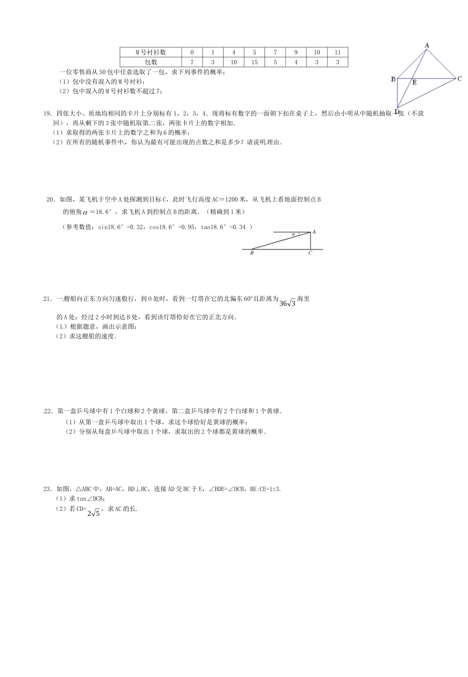 九年级数学上学期周末自测卷(概率、解直角三角形) 新人教版试卷_第2页