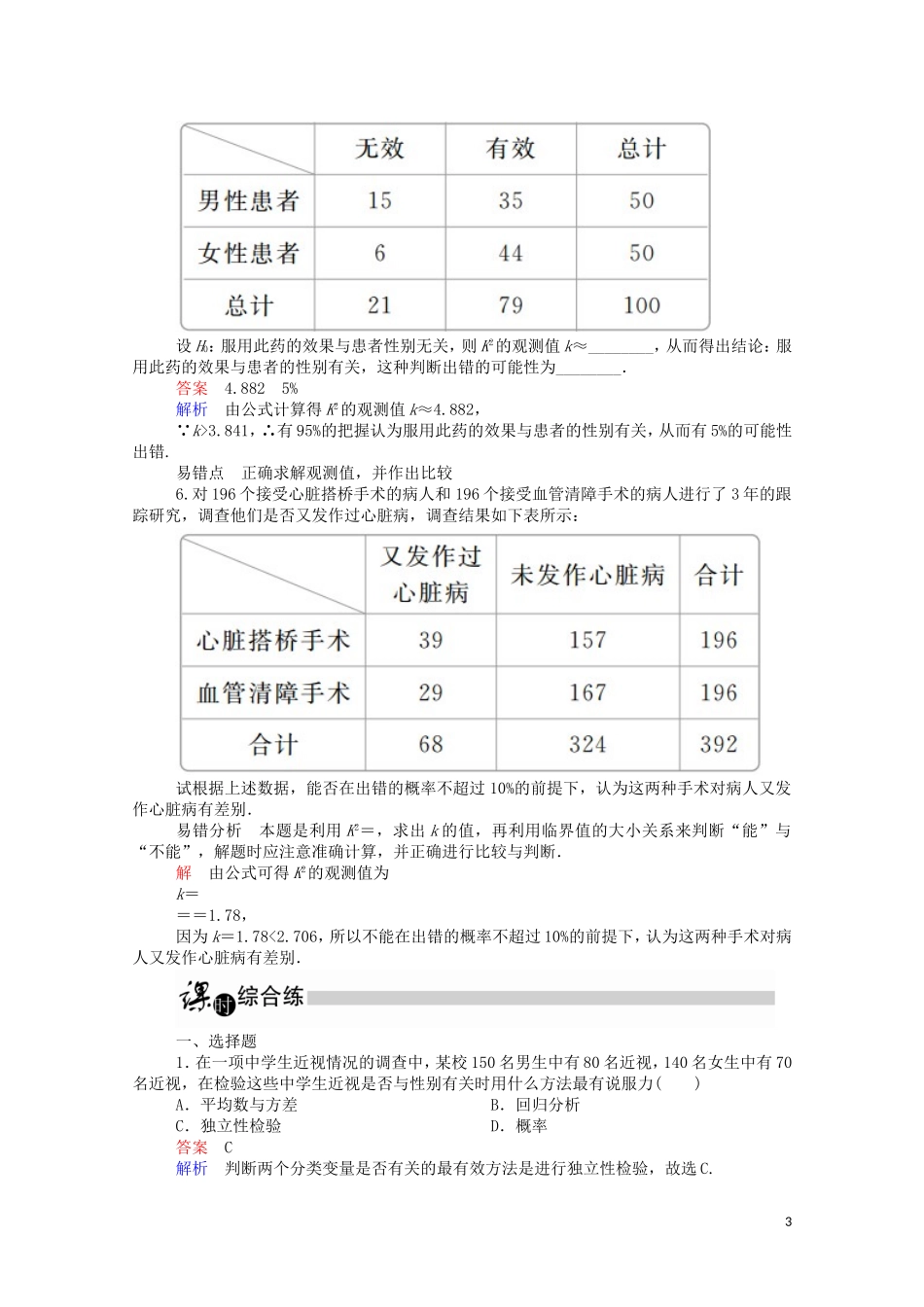 高中数学 1.2 独立性检验的基本思想及其初步应用课时作业（含解析）新人教A版选修1-2-新人教A版高二选修1-2数学试题_第3页