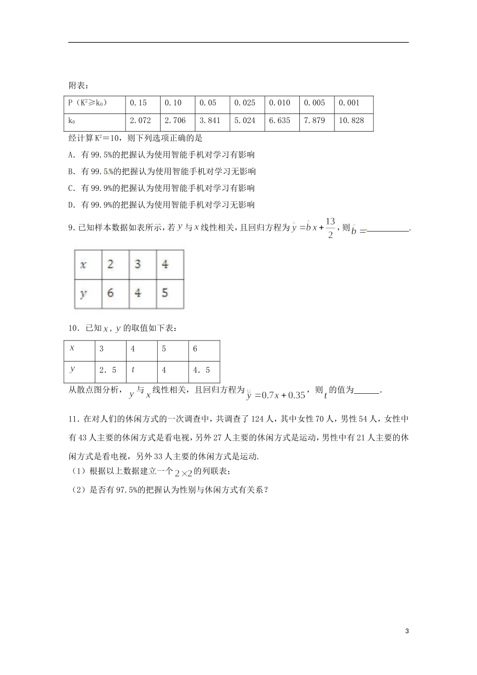 高二数学上学期期末复习练习 统计案例训练题2-人教版高二全册数学试题_第3页