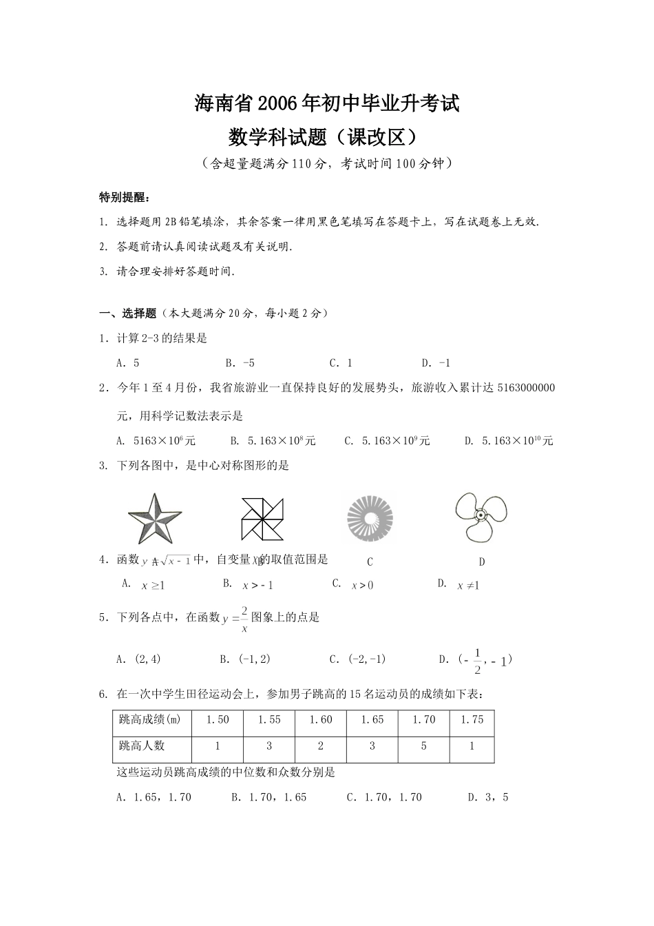 初中毕业生学业考试数学科试题及答案 海南省中考数学试题及答案(5套)_第1页