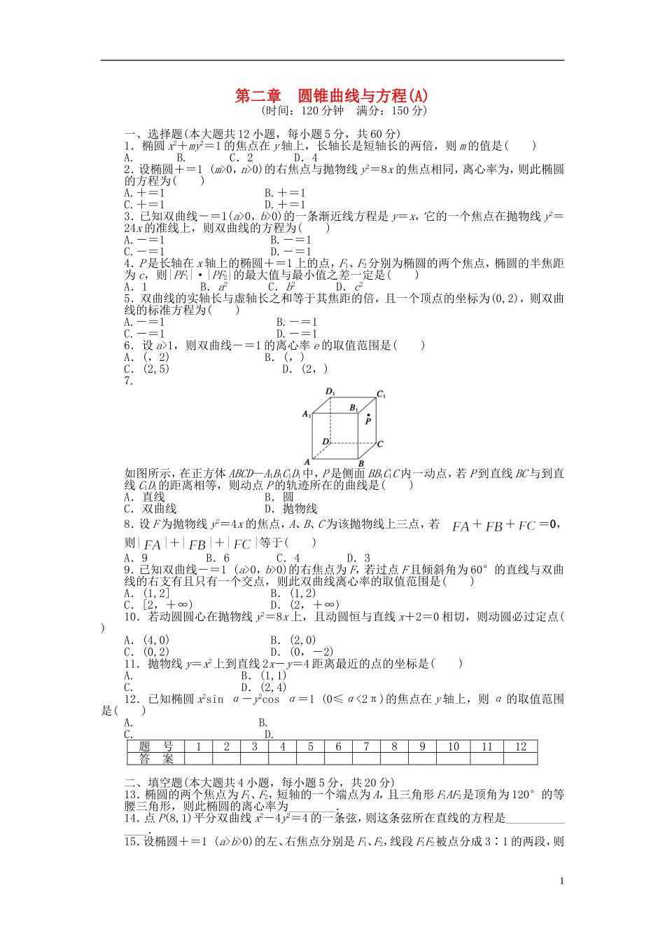 高中数学 第2章 圆锥曲线与方程单元检测（A卷）新人教A版选修2-1-新人教A版高二选修2-1数学试题_第1页