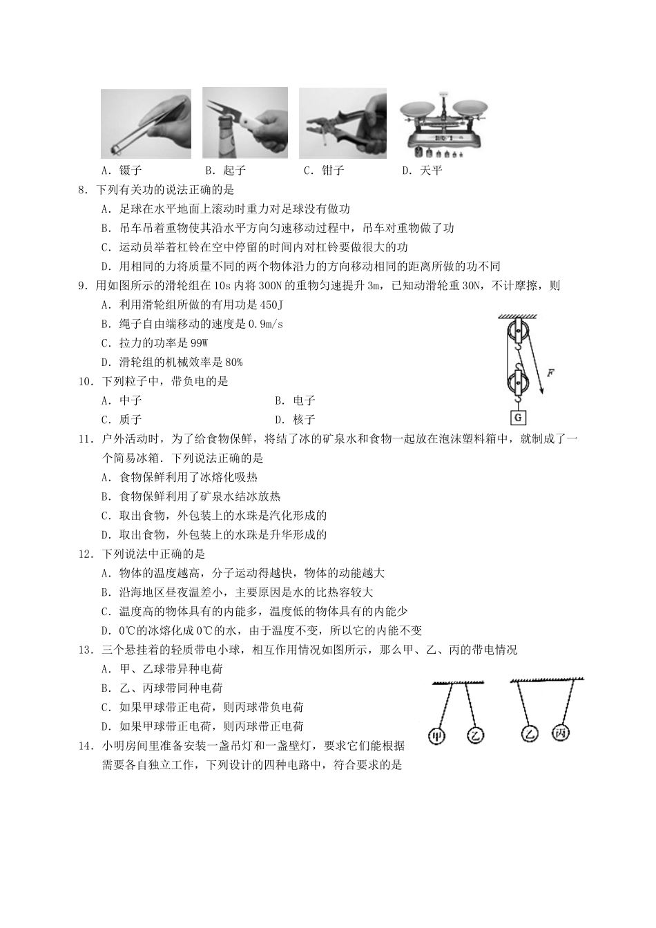 初中物理学业水平模拟测试题2(无答案) 试题_第2页