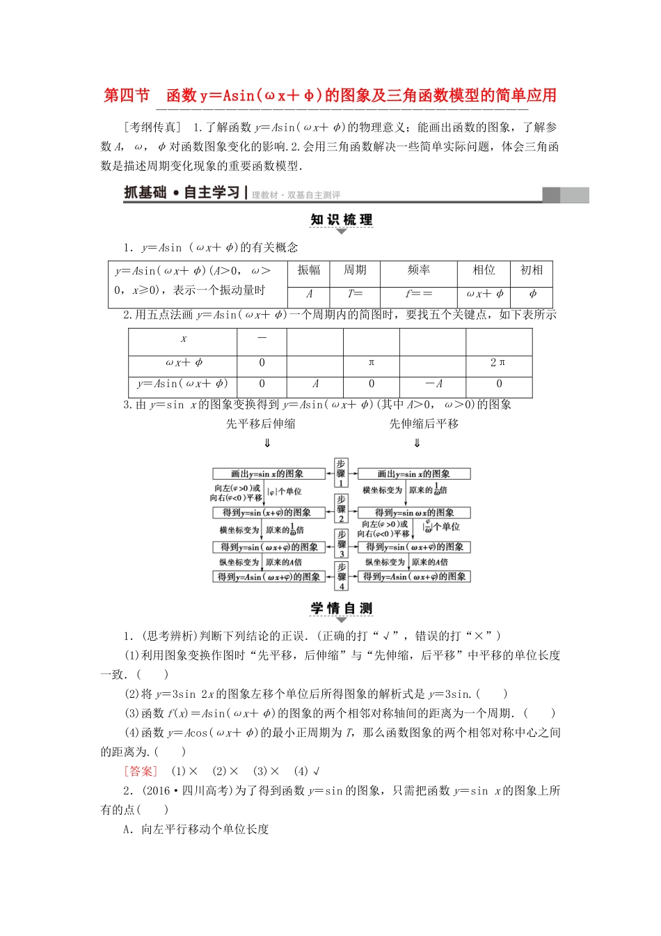 （全国通用）高考数学一轮复习 第3章 三角函数、解三角形 第4节 函数y＝Asin(ωx＋φ)的图象及三角函数模型的简单应用教师用书 文 新人教A版-新人教A版高三全册数学试题_第1页