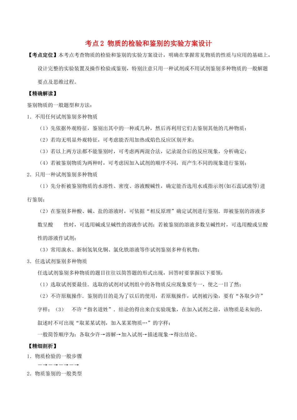 高中化学 最拿分考点系列 考点2 物质的检验和鉴别的实验方案设计 新人教版必修1-新人教版高一必修1化学试题_第1页