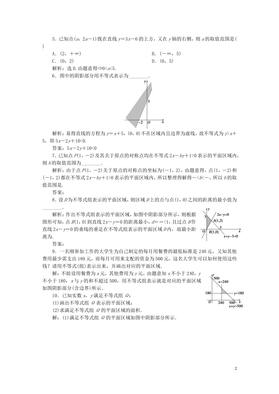 高中数学 第三章 不等式 3.3 二元一次不等式（组）与简单的线性规划问题 3.3.1 二元一次不等式（组）与平面区域巩固提升（含解析）新人教A版必修5-新人教A版高二必修5数学试题_第2页