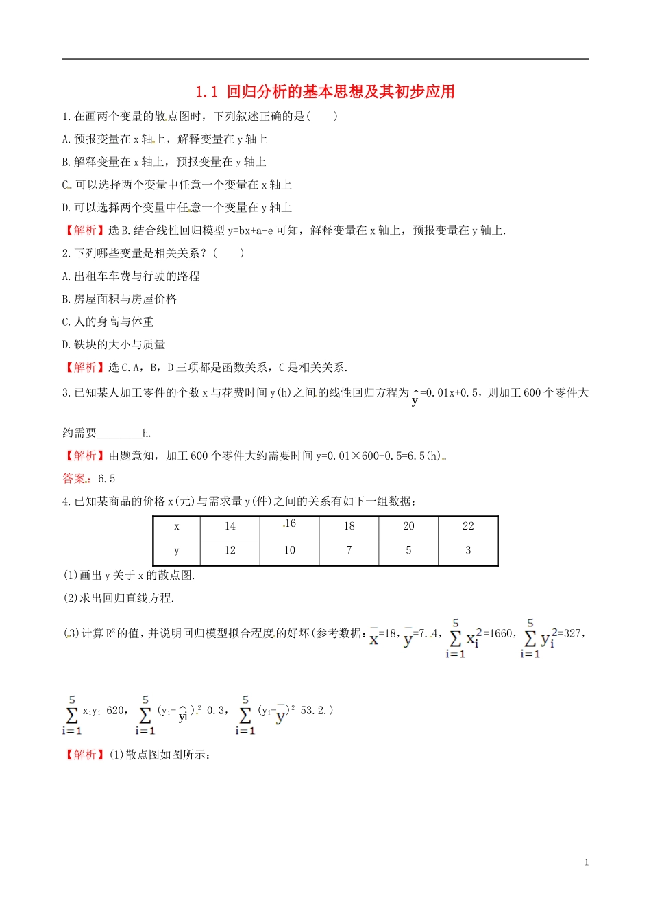高中数学 第一章 统计案例 1.1 回归分析的基本思想及其初步应用课时自测 新人教A版选修1-2-新人教A版高二选修1-2数学试题_第1页