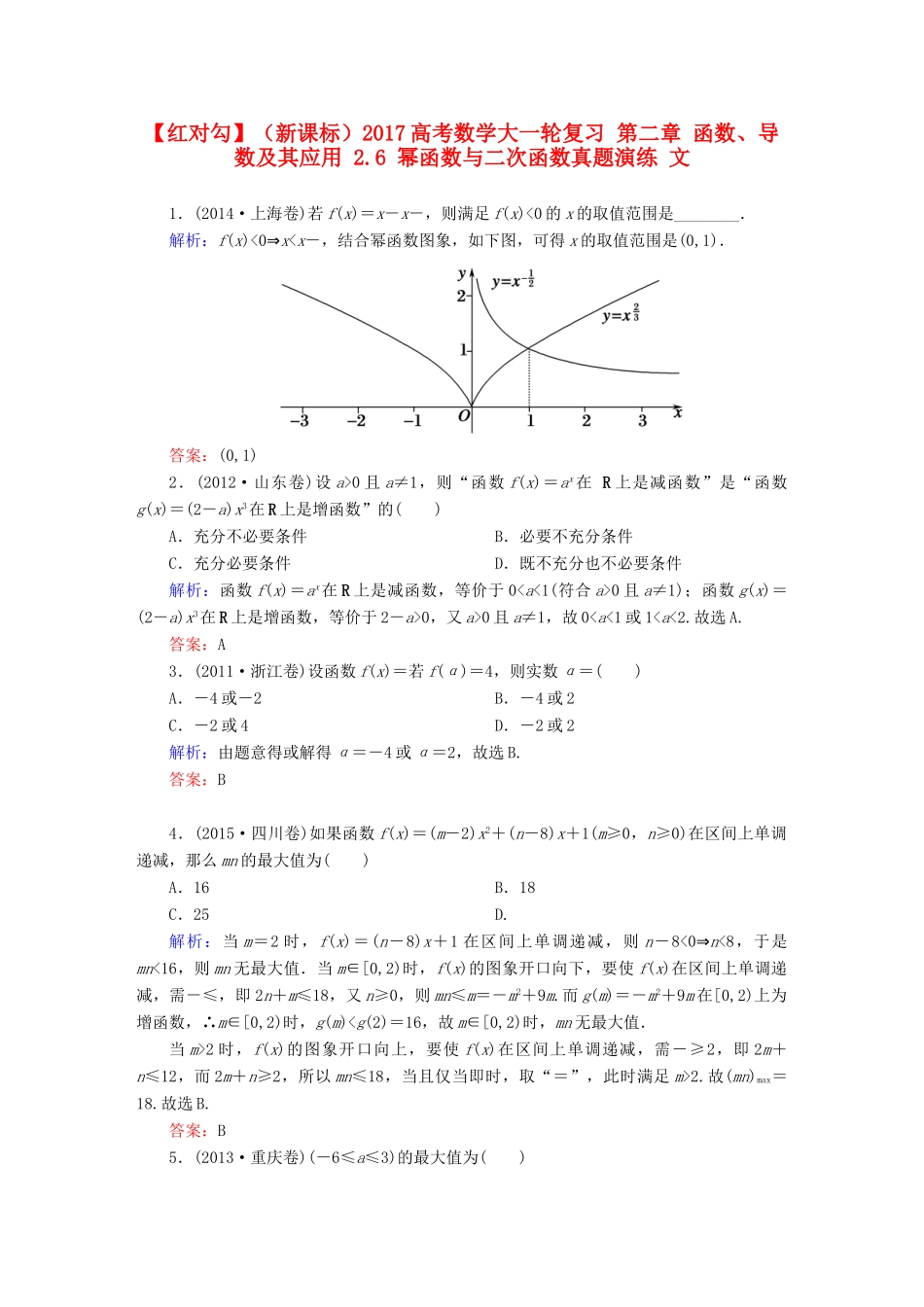 （新课标）高考数学大一轮复习 第二章 函数、导数及其应用 2.6 幂函数与二次函数真题演练 文-人教版高三全册数学试题_第1页