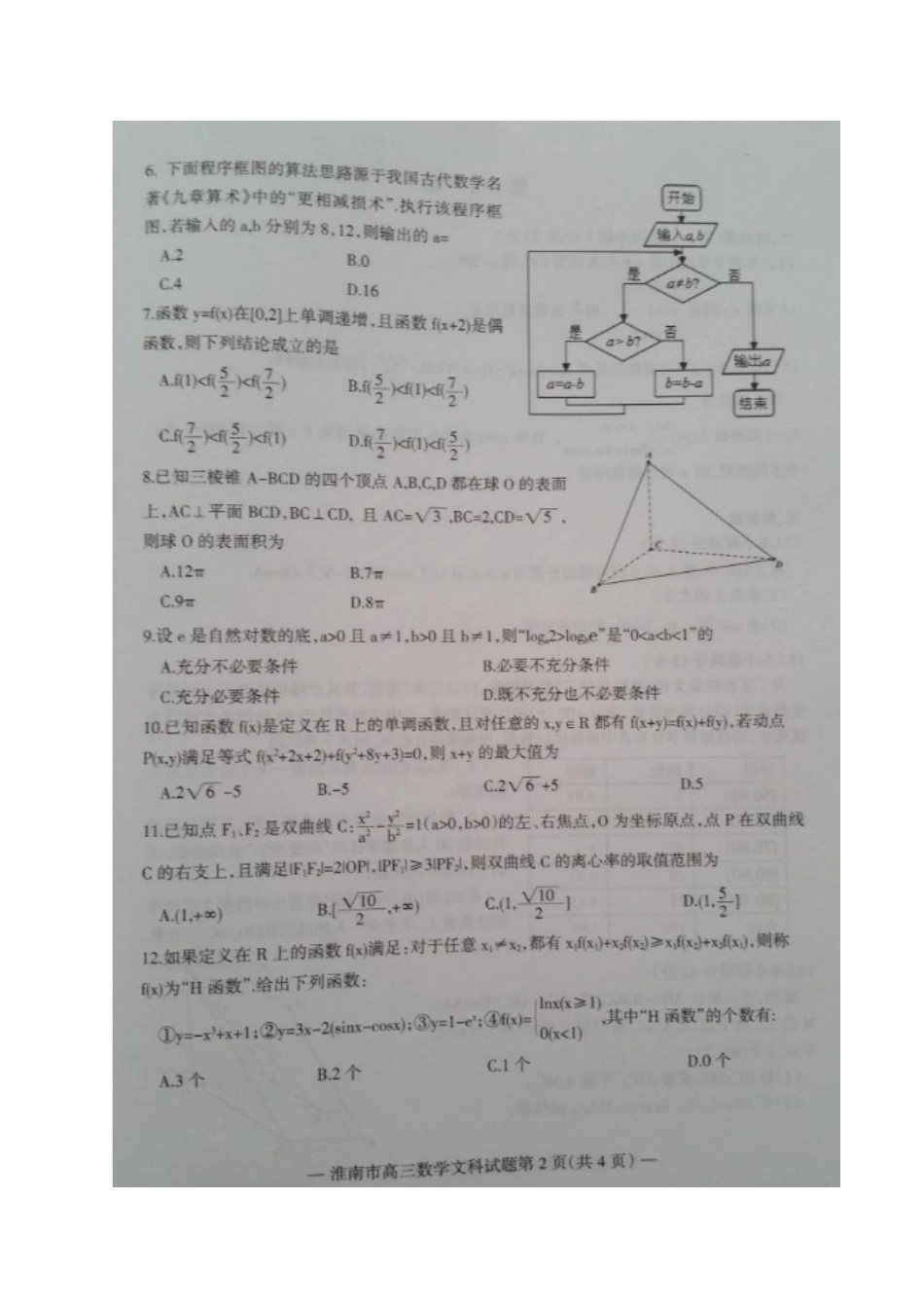 安徽省淮南市高三数学第一次模拟考试试卷 文试卷_第2页