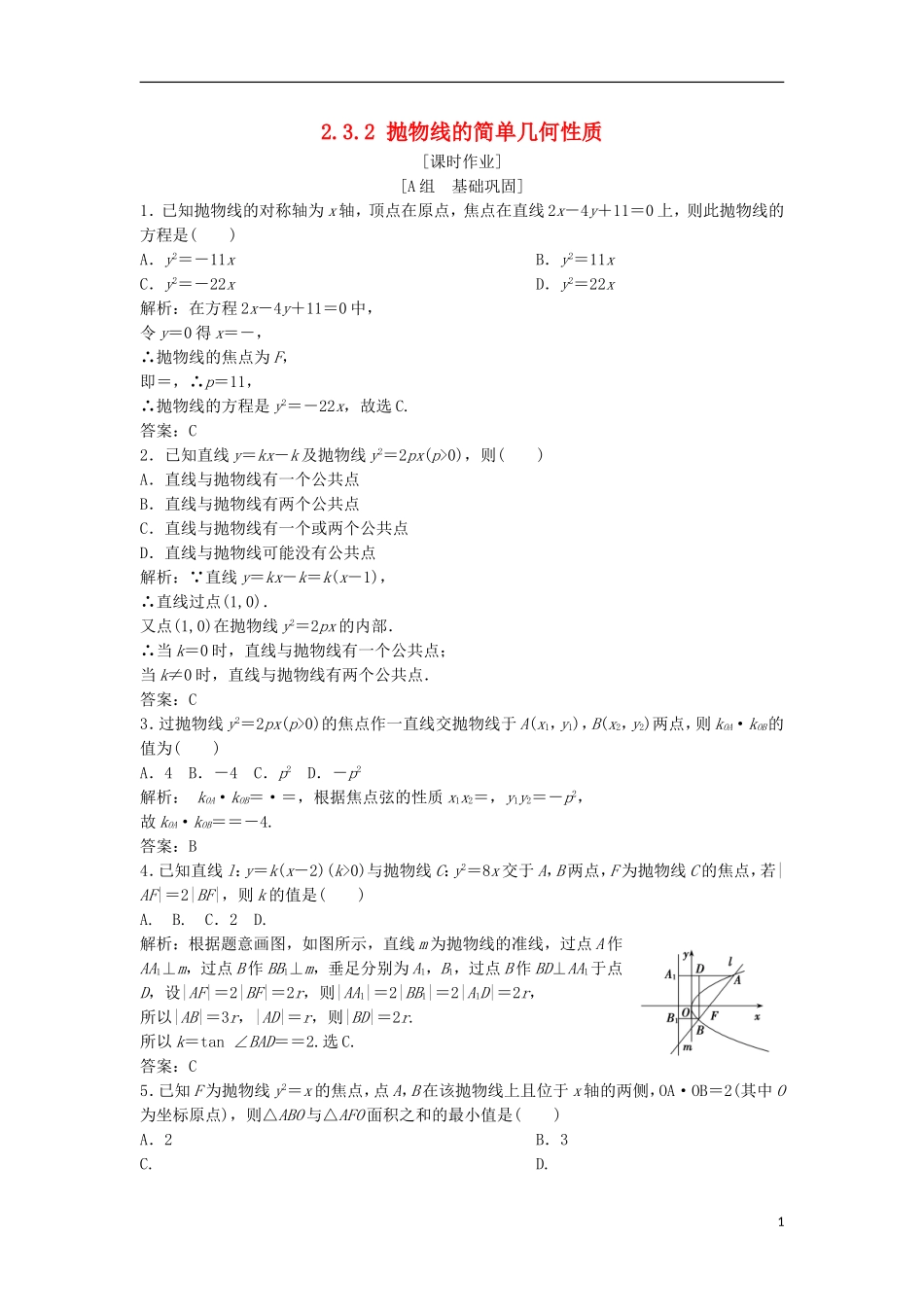 高中数学 第二章 圆锥曲线与方程 2.3 抛物线 2.3.2 抛物线的简单几何性质优化练习 新人教A版选修1-1-新人教A版高二选修1-1数学试题_第1页