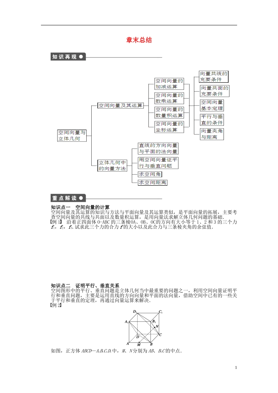 高中数学 第3章 空间向量与立体几何章末总结 苏教版选修1-2-苏教版高二选修1-2数学试题_第1页