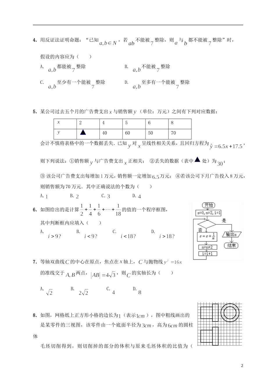 黑龙江省哈尔滨市-高二数学下学期第二次月考试题 文-人教版高二全册数学试题_第2页