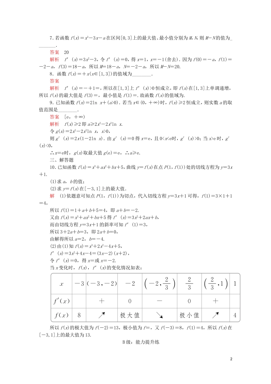 高中数学 第一章 导数及其应用 1.3 导数在研究函数中的应用 1.3.3 函数的最大（小）值与导数课后课时精练 新人教A版选修2-2-新人教A版高二选修2-2数学试题_第2页