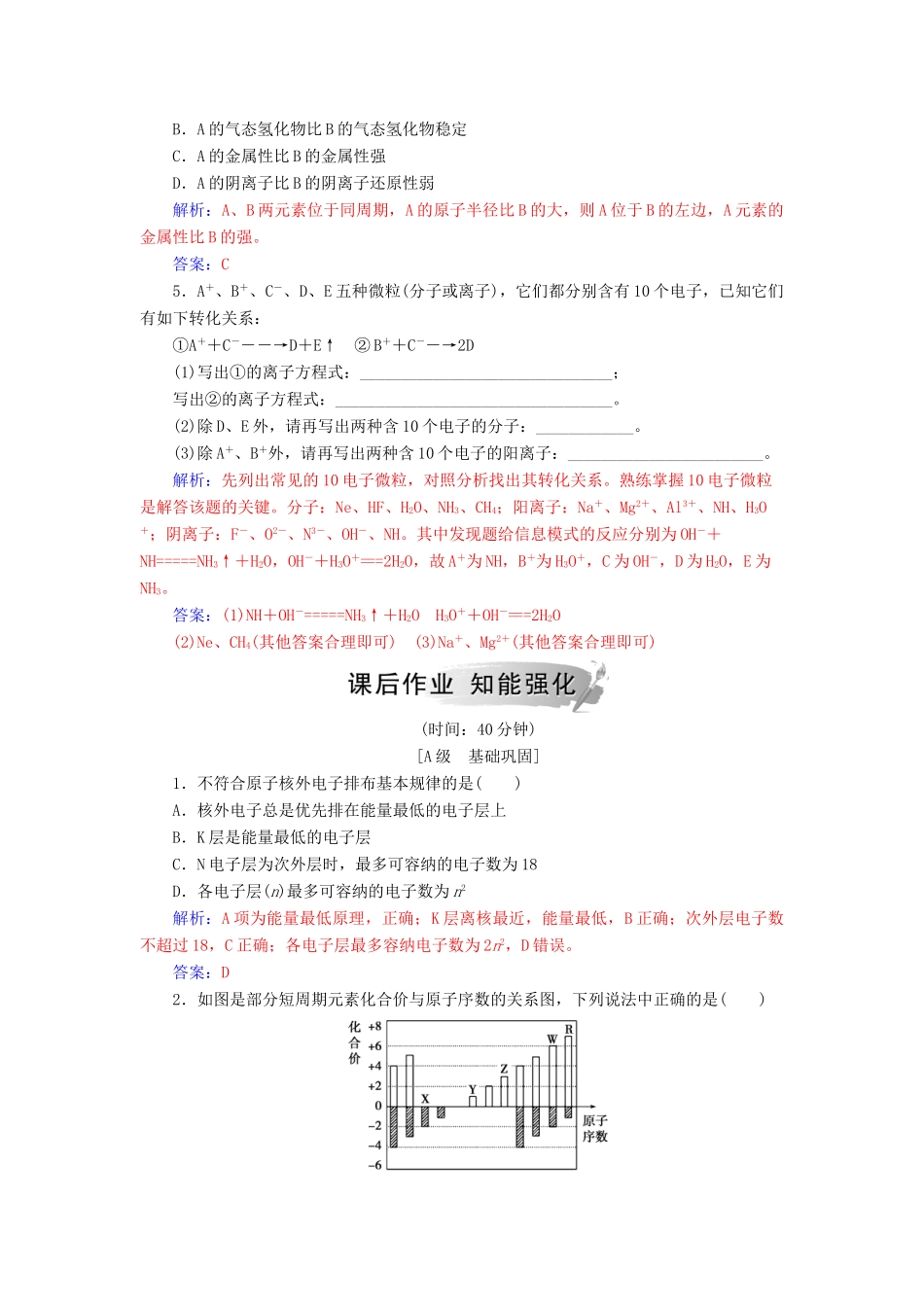 高中化学 第一章 物质结构元素周期律 第二节 第1课时 原子核外电子的排布 元素周期律练习 新人教版必修2-新人教版高一必修2化学试题_第2页