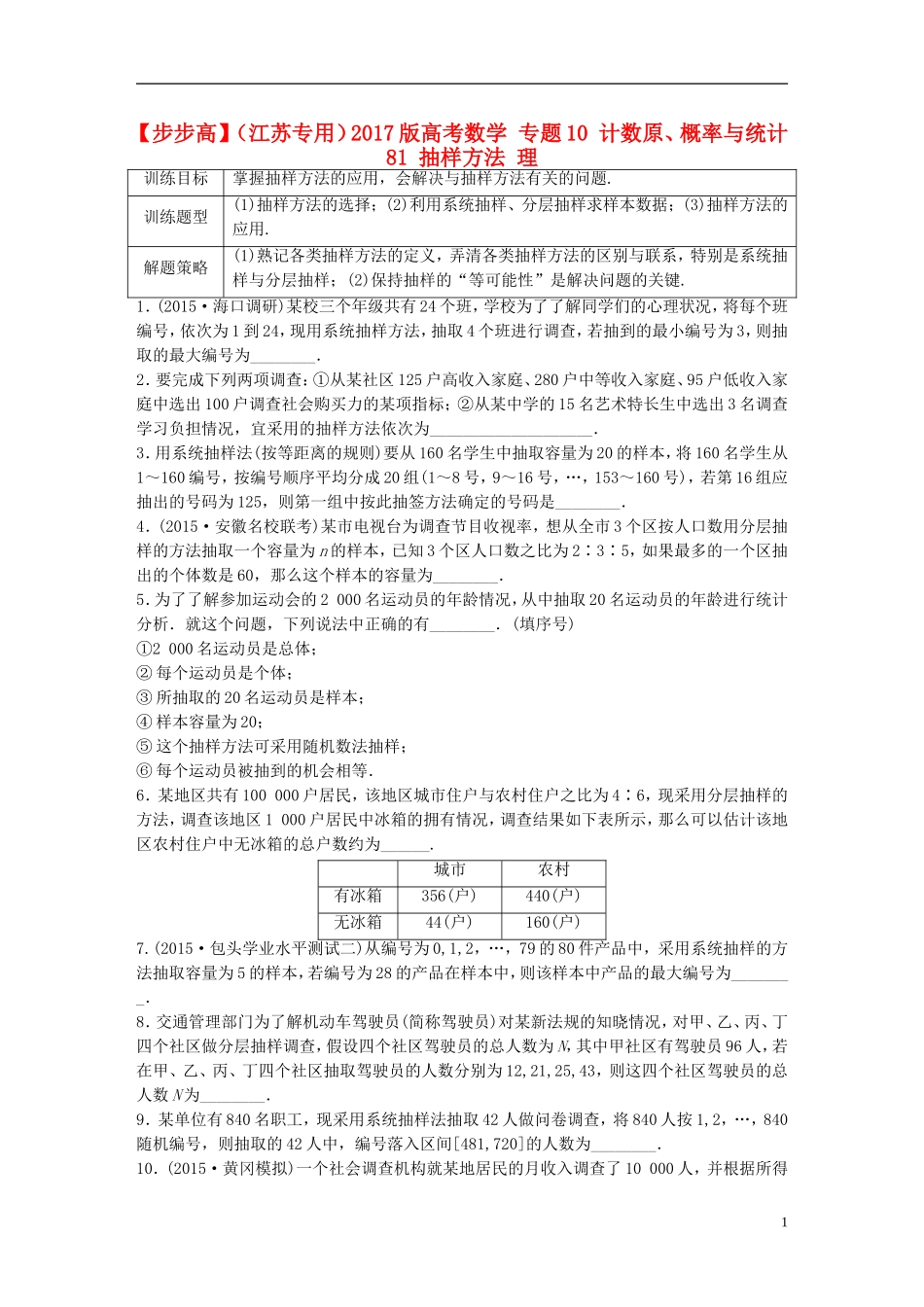 （江苏专用）高考数学 专题10 计数原、概率与统计 81 抽样方法 理-人教版高三全册数学试题_第1页