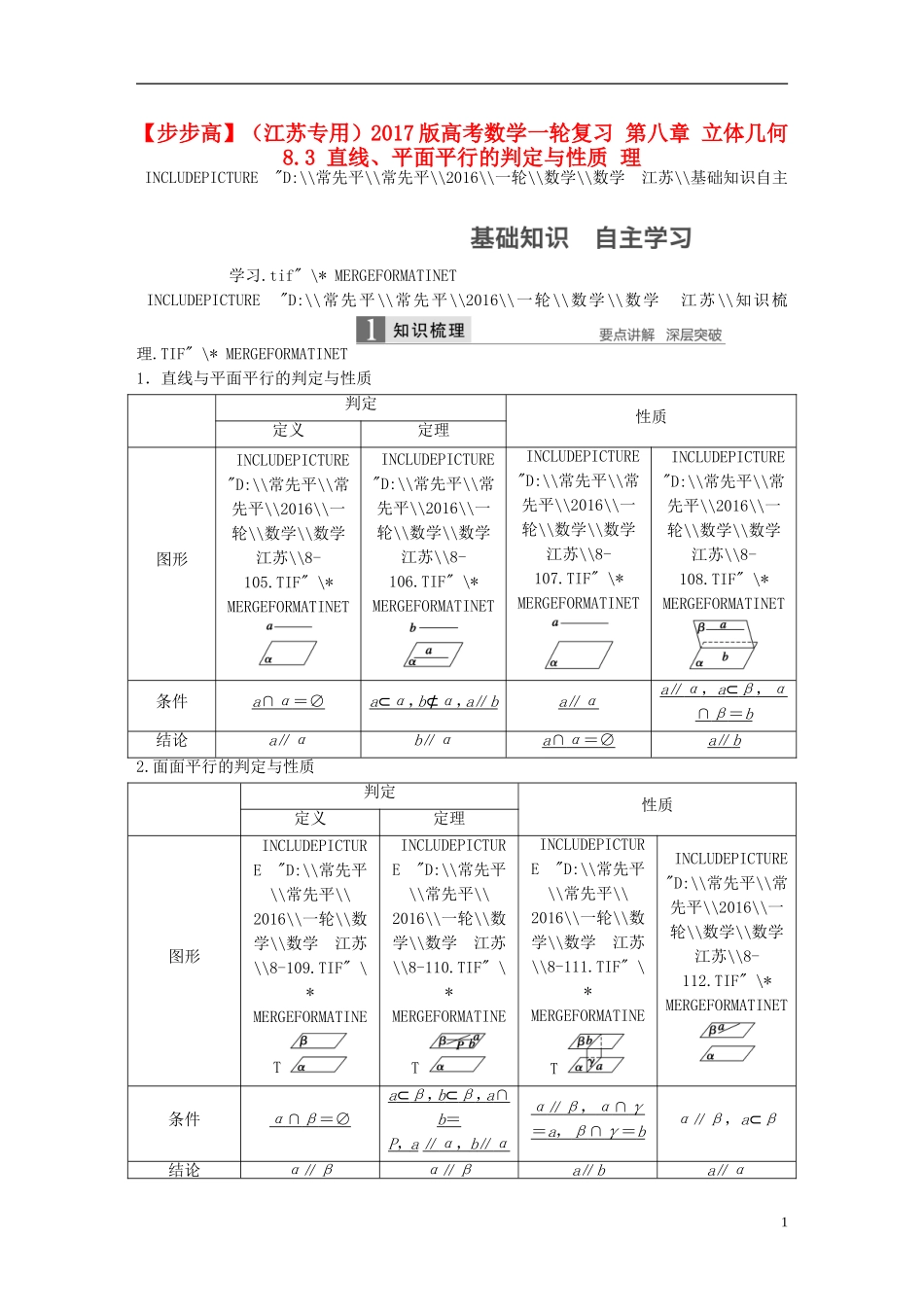 （江苏专用）高考数学一轮复习 第八章 立体几何 8.3 直线、平面平行的判定与性质 理-人教版高三全册数学试题_第1页