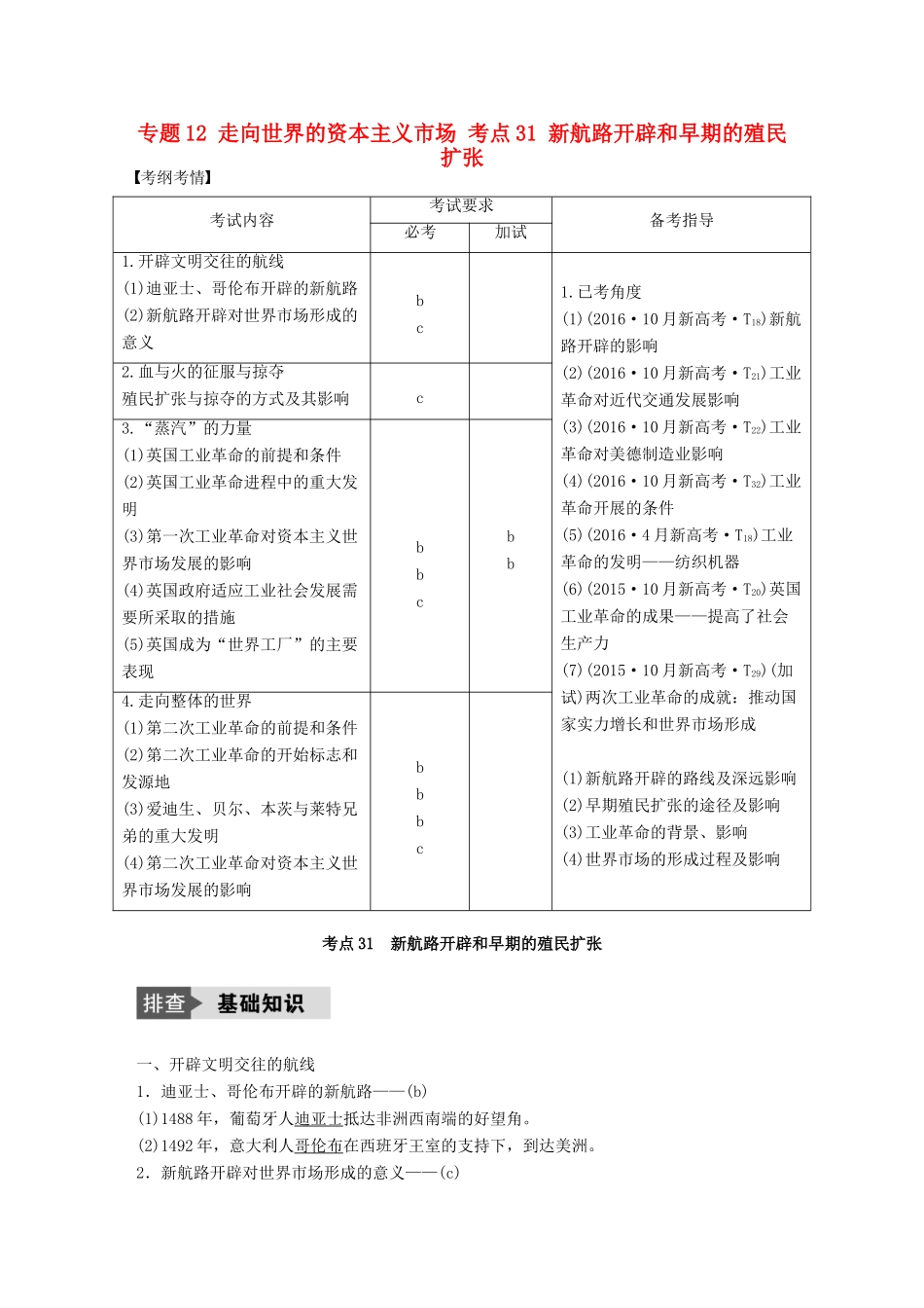 （浙江选考）高考历史总复习 专题12 走向世界的资本主义市场 考点31 新航路开辟和早期的殖民扩张-人教版高三全册历史试题_第1页