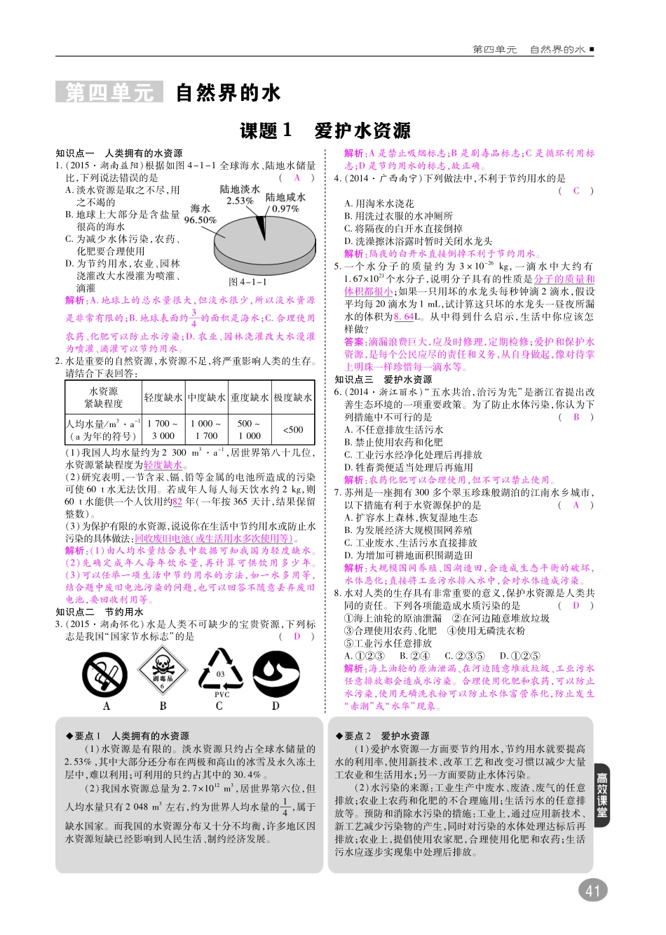 九年级化学上册 第四单元 自然界的水综合讲练(pdf)(新版)新人教版试卷_第1页