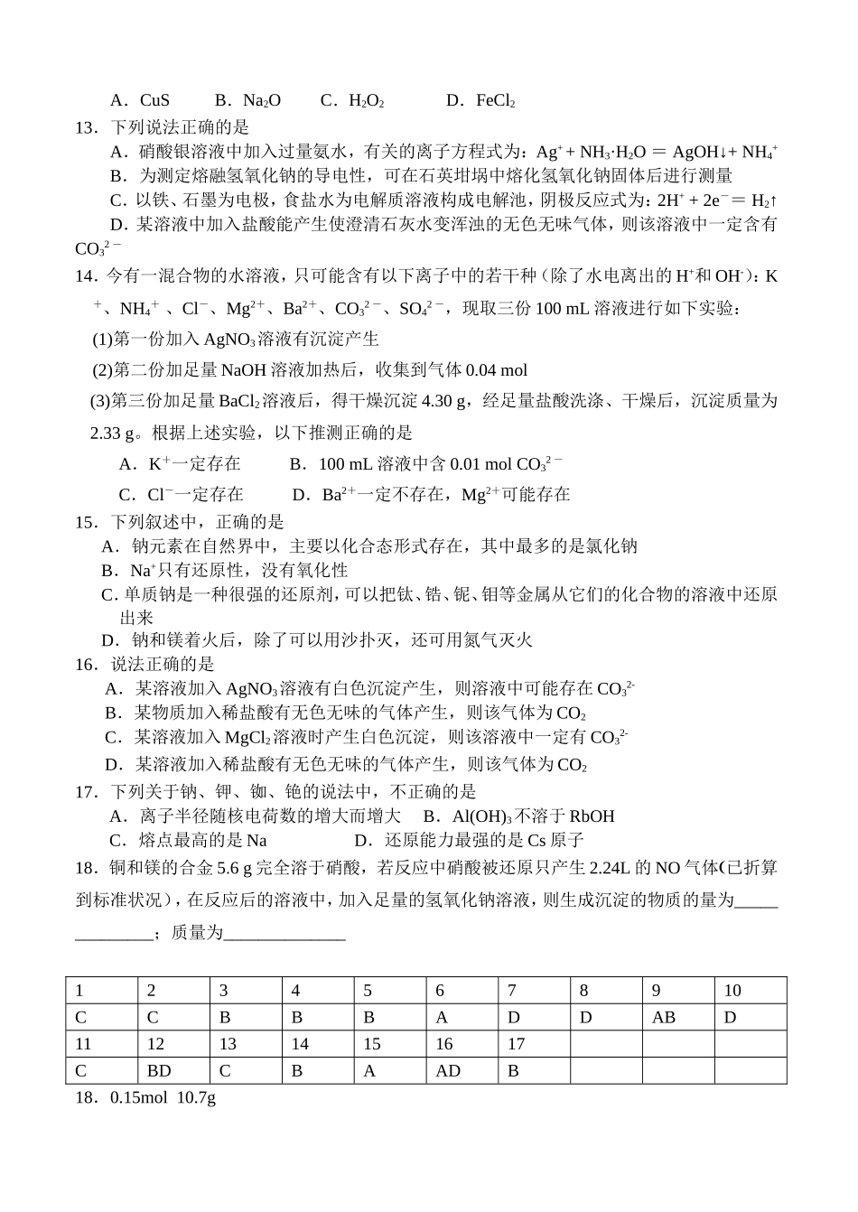 化学提高班训练（五）——元素化合物之碱金属_第2页