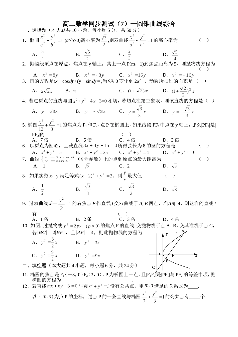高二数学同步测试（7）—圆锥曲线综合_第1页
