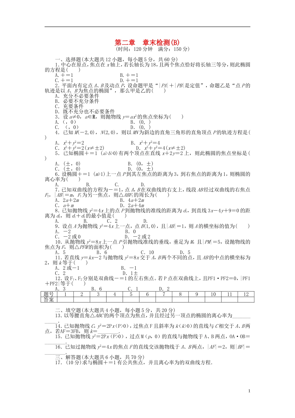 高中数学 第2章 圆锥曲线与方程章末检测（B）新人教A版选修1-1-新人教A版高二选修1-1数学试题_第1页