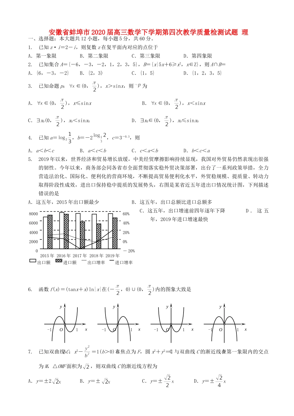 安徽省蚌埠市高三数学下学期第四次教学质量检测试卷 理试卷_第1页