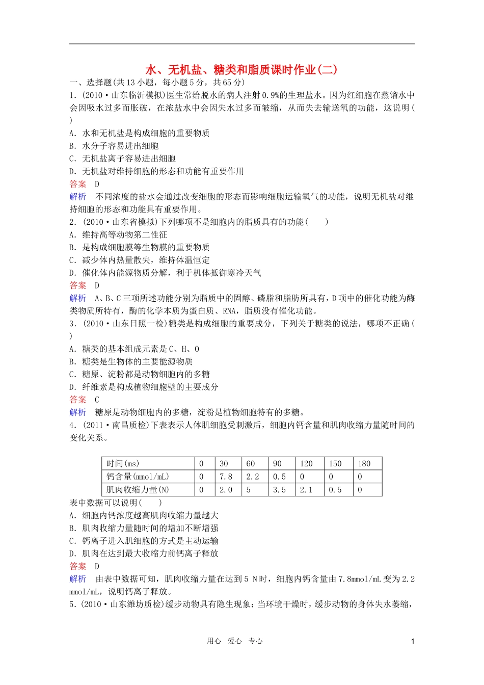 2012高三生物一轮复习-水、无机盐、糖类和脂质同步辅导课后作业-大纲人教版_第1页
