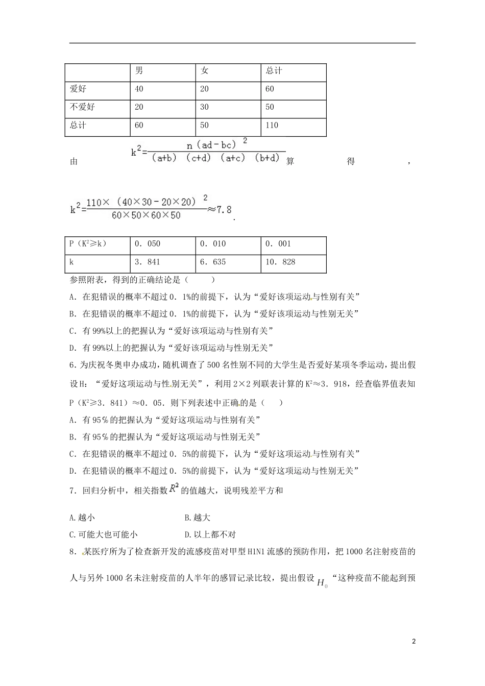 高二数学上学期期末复习练习 统计案例训练题1-人教版高二全册数学试题_第2页