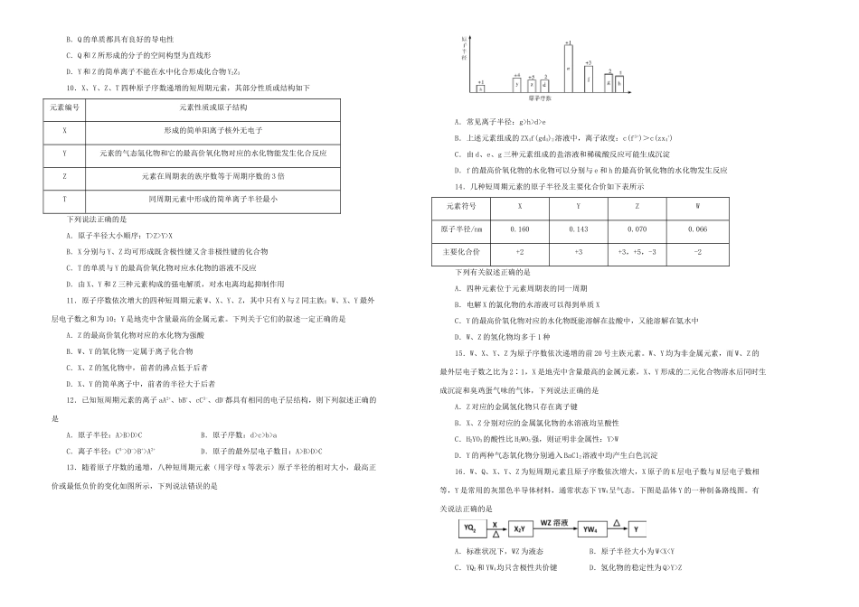 备战高考化学一轮复习 单元训练金卷 第八单元 物质结构 元素周期律B卷（含解析）-人教版高三全册化学试题_第2页