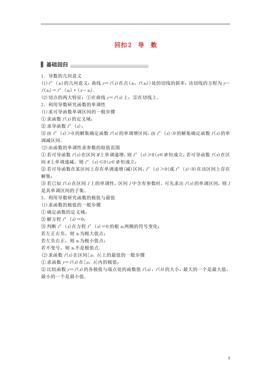 （江苏专用）高考数学总复习 考前三个月 考前回扣2 导数 理-人教版高三全册数学试题_第1页