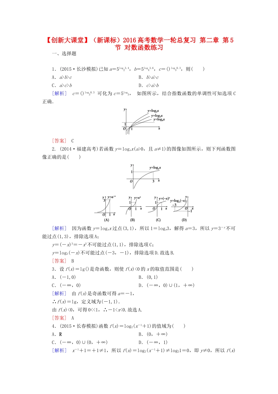 （新课标）高考数学一轮总复习 第二章 第5节 对数函数练习-人教版高三全册数学试题_第1页