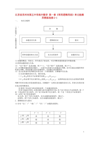 高中数学 第一章《常用逻辑用语》单元检测 苏教版选修2-1-苏教版高二选修2-1数学试题