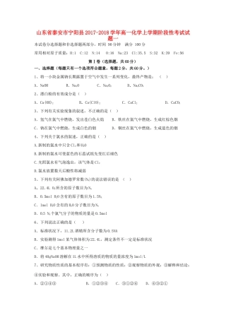 山东省泰安市宁阳县高一化学上学期阶段性考试试题一-人教版高一全册化学试题