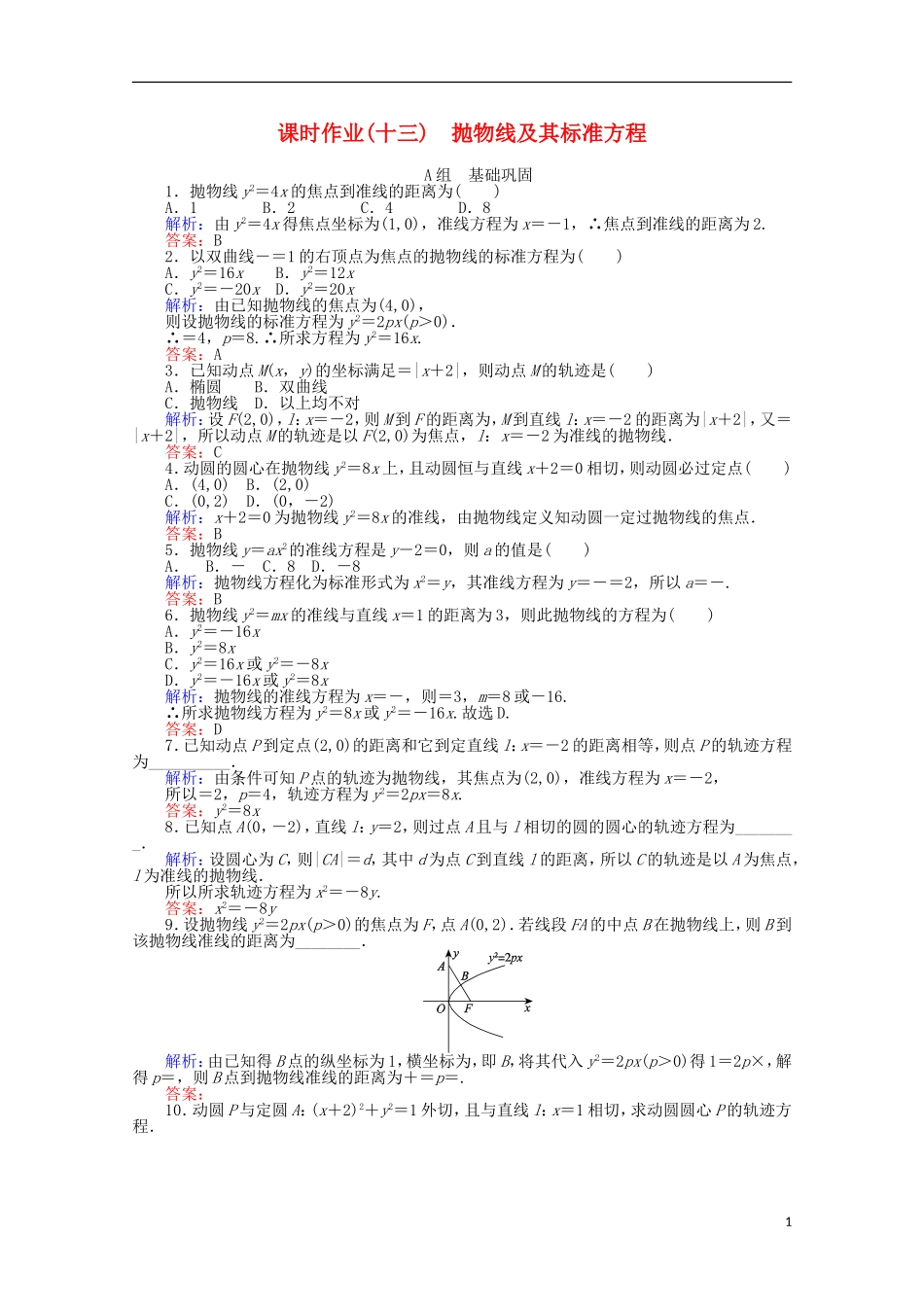 高中数学 第2章 圆锥曲线与方程 13抛物线及其标准方程课时作业 新人教A版选修2-1-新人教A版高二选修2-1数学试题_第1页