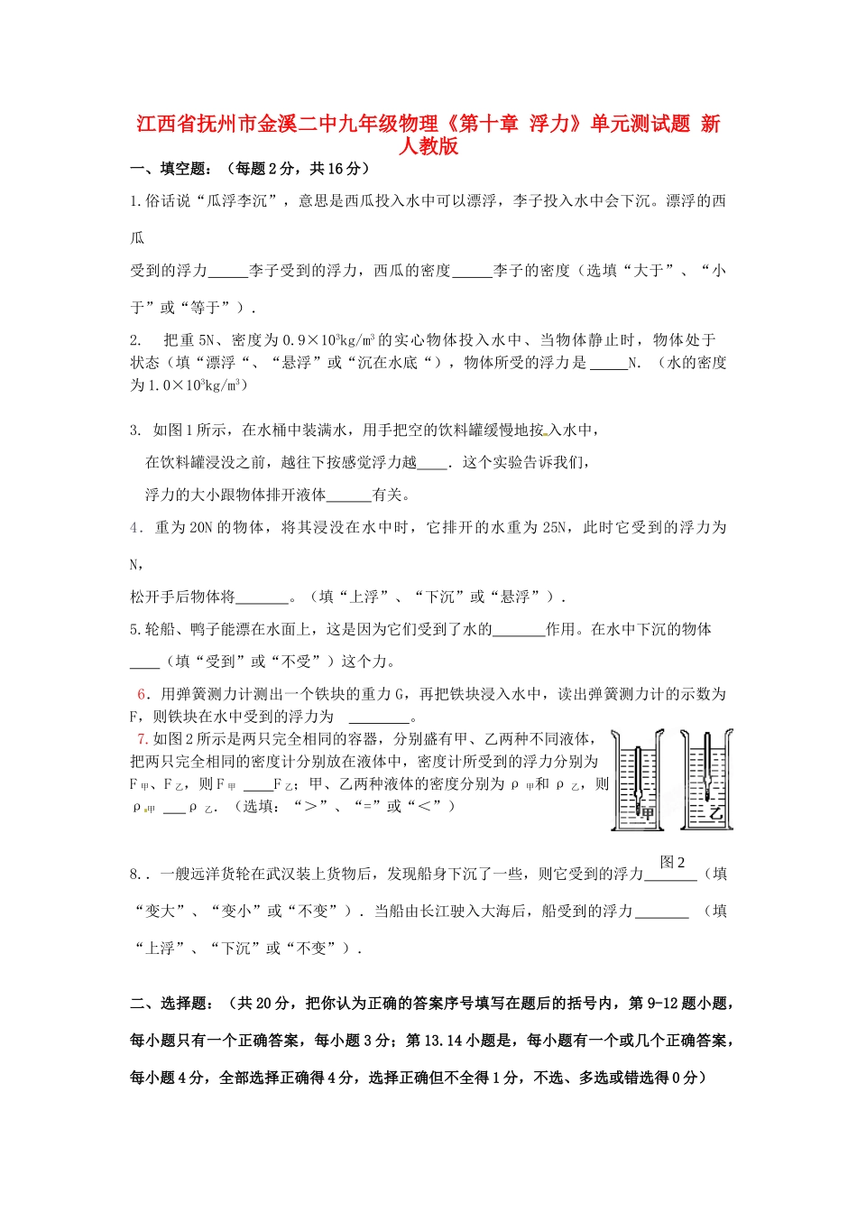 九年级物理(第十章 浮力)单元综合测试卷(无答案 新人教版试卷_第1页