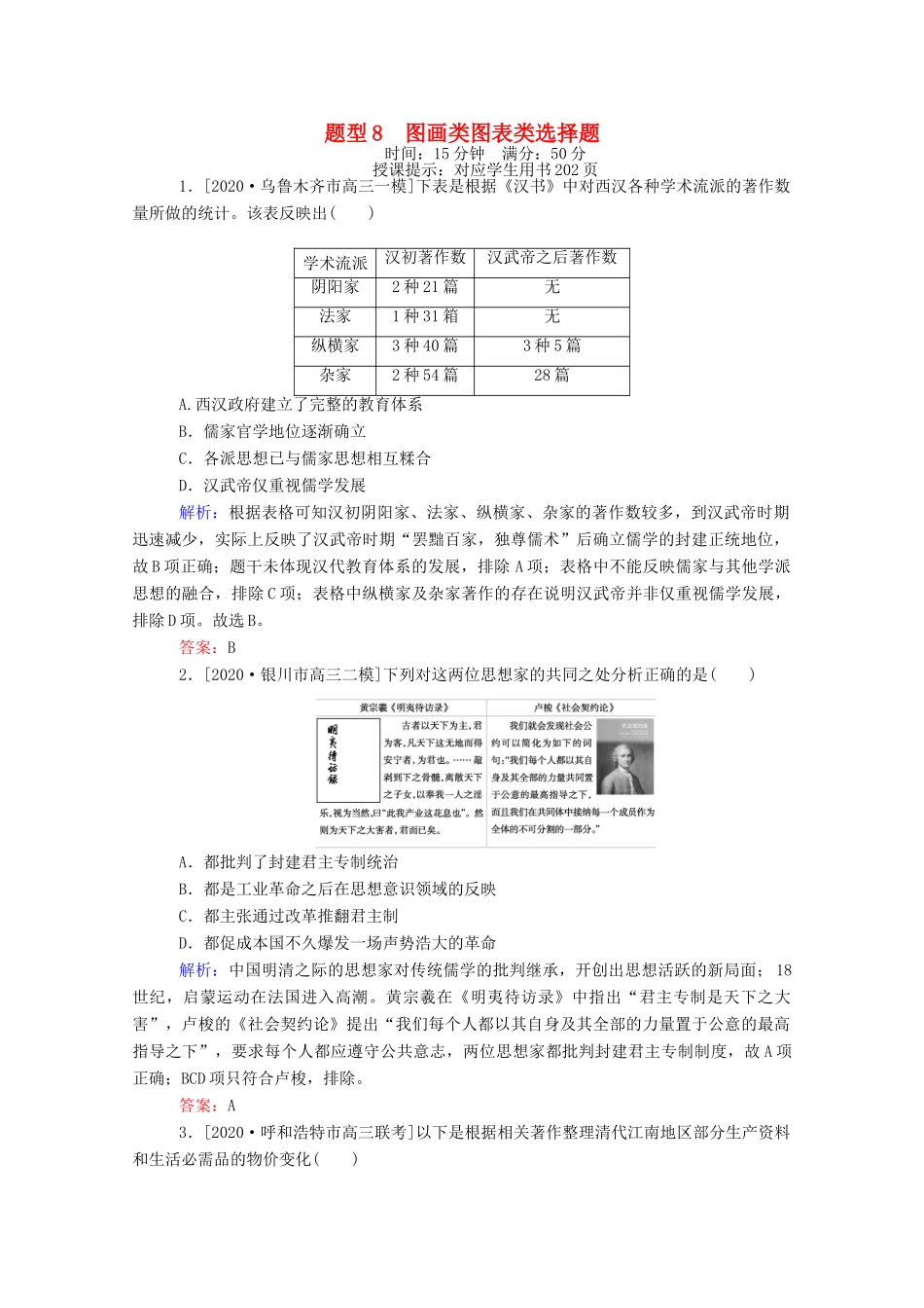 （统考版）高考历史二轮专题复习 高考题型集训 题型8 图画类图表类选择题（含解析）-人教版高三全册历史试题_第1页